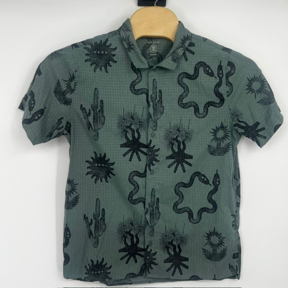 Roark Run Amok Mens Large Sage Green Ripstop Desert Snake Cactus Button Up Shirt